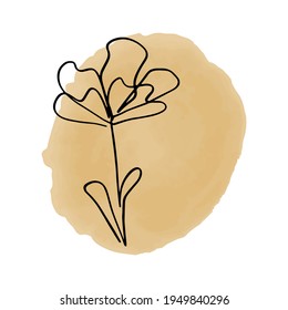 An abstract flower is drawn with a single line on a spot of watercolor paint. Abstract texture. For your text, logos