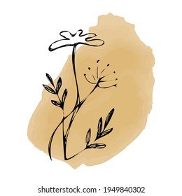 An abstract flower is drawn with a single line on a spot of watercolor paint. Abstract texture. For your text, logos