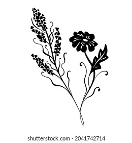 Abstrakte Blume und trockenes Gras als Gestaltungselement. Handgezeichnete Skizze. Line Art. Ink Zeichnung. Botanik auf Weiß. Einzeln. Schwarz-weißer Vektorhintergrund.