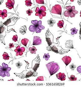 Abstract flower elements and swans, seamless vector pattern