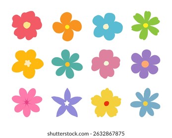 Abstract flower elements vector. Colorful spring flower icon set featuring cute blooming flower heads with simple petal design. Flat illustration, botanical hand drawn floral set on white background.