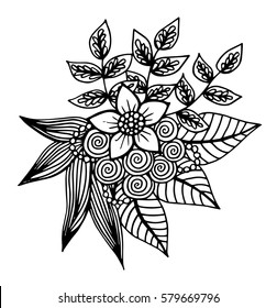 Abstract flower, fantasy blossom, coloring pictures, monochrome sketch, doodle plants
