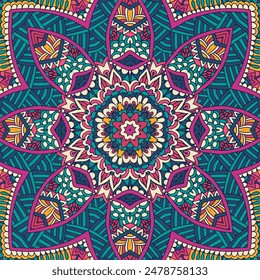 Abstract flower festive seamless pattern mandala. Ethnic geometric doodle detailed print. Colorful psychdedlic background ornament for textile