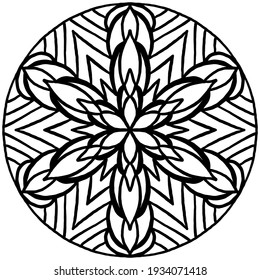 abstract flower with folk style linear ornaments forming a mandala for coloring on a white background, vector, mandala