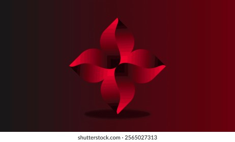 Abstract flower with four curved red petals on a dark gradient background