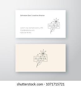 Abstract Flower with Frame Vector Sign or Logo and Business Card Template. Premium Stationary Realistic Mock Up. Modern Typography and Soft Shadows. Good for any Fashion Business. Isolated.