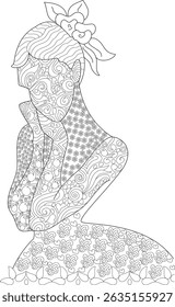 Abstract Flower Girl Coloring Page, Intricate black and white outline illustration of a flower girl figure filled with detailed abstract patterns including flowers, swirls, and hearts. Ideal for