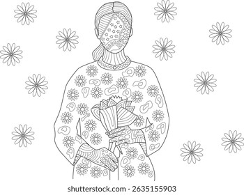 Abstract Flower Girl Line Art Illustration, Line art illustration of a person holding a bouquet of flowers, surrounded by floating flowers. The person's face and clothing feature abstract patterns,