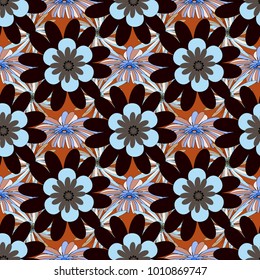 Abstract flower graphic vector botanical illustration, seamless floral pattern, doodle ink sketch in blue, brown and black colors for design greeting card, wedding invitation, cosmetic beauty.