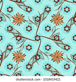 Abstract flower graphic vector botanical illustration, seamless floral pattern, doodle ink sketch in red, orange and blue colors for design greeting card, wedding invitation, cosmetic beauty.