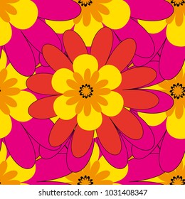 Abstract flower graphic vector botanical illustration, seamless floral pattern, doodle ink sketch in yellow, magenta and red colors for design greeting card, wedding invitation, cosmetic beauty.