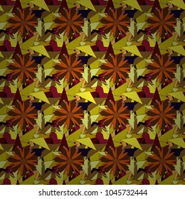 Abstract flower graphic vector botanical illustration, seamless floral pattern, doodle ink sketch in brown, yellow and orange colors for design greeting card, wedding invitation, cosmetic beauty.