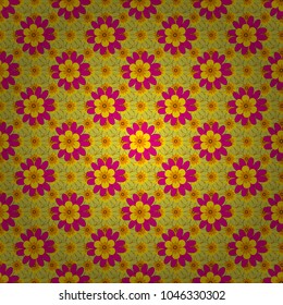Abstract flower graphic vector botanical illustration, seamless floral pattern, doodle ink sketch in black, yellow and magenta colors for design greeting card, wedding invitation, cosmetic beauty.