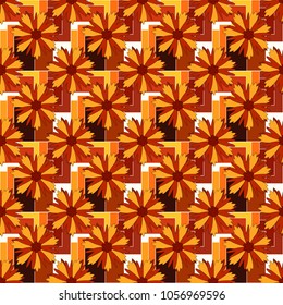 Abstract flower graphic vector botanical illustration, seamless floral pattern, doodle ink sketch in brown, red and yellow colors for design greeting card, wedding invitation, cosmetic beauty.