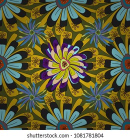 Abstract flower graphic vector botanical illustration, seamless floral pattern, doodle ink sketch in green, blue and yellow colors for design greeting card, wedding invitation, cosmetic beauty.
