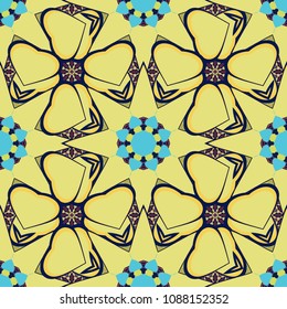 Abstract flower graphic vector botanical illustration, seamless floral pattern, doodle ink sketch in yellow, black and blue colors for design greeting card, wedding invitation, cosmetic beauty.