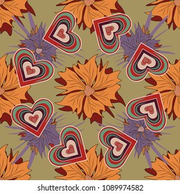 Abstract flower graphic vector botanical illustration, seamless floral pattern, doodle ink sketch in beige, yellow and red colors for design greeting card, wedding invitation, cosmetic beauty.