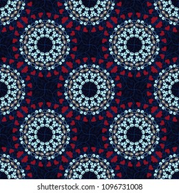 Abstract flower graphic vector botanical illustration, seamless floral pattern, doodle ink sketch in red, black and blue colors for design greeting card, wedding invitation, cosmetic beauty.