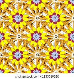 Abstract flower graphic vector botanical illustration, seamless floral pattern, doodle ink sketch in orange, white and yellow colors for design greeting card, wedding invitation, cosmetic beauty.