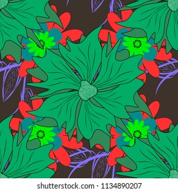 Abstract flower graphic vector botanical illustration, seamless floral pattern, doodle ink sketch in red, green and brown colors for design greeting card, wedding invitation, cosmetic beauty.