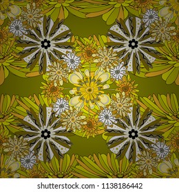 Abstract flower graphic vector botanical illustration, seamless floral pattern, doodle ink sketch in green, black and yellow colors for design greeting card, wedding invitation, cosmetic beauty.