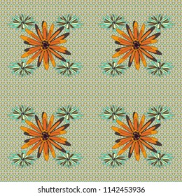 Abstract flower graphic vector botanical illustration, seamless floral pattern, doodle ink sketch in orange, beige and blue colors for design greeting card, wedding invitation, cosmetic beauty.