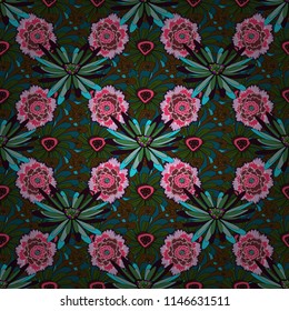 Abstract flower graphic vector botanical illustration, seamless floral pattern, doodle ink sketch in brown, green and blue colors for design greeting card, wedding invitation, cosmetic beauty.