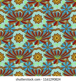 Abstract flower graphic vector botanical illustration, seamless floral pattern, doodle ink sketch in blue, brown and red colors for design greeting card, wedding invitation, cosmetic beauty.