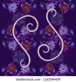 Abstract flower graphic vector botanical illustration, seamless floral pattern, doodle ink sketch in blue, violet and purple colors for design greeting card, wedding invitation, cosmetic beauty.