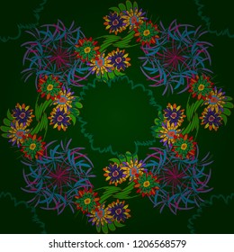 Abstract flower graphic vector botanical illustration, seamless floral pattern, doodle ink sketch in black, green and violet colors for design greeting card, wedding invitation, cosmetic beauty.