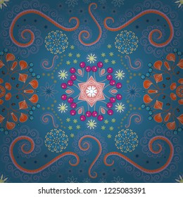 Abstract flower graphic vector botanical illustration, seamless floral pattern, doodle ink sketch in blue, orange and red colors for design greeting card, wedding invitation, cosmetic beauty.