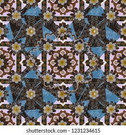 Abstract flower graphic vector botanical illustration, seamless floral pattern, doodle ink sketch in gray, blue and brown colors for design greeting card, wedding invitation, cosmetic beauty.