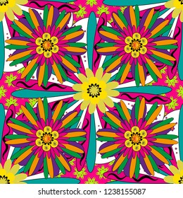 Abstract flower graphic vector botanical illustration, seamless floral pattern, doodle ink sketch in yellow, green and magenta colors for design greeting card, wedding invitation, cosmetic beauty.