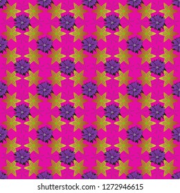 Abstract flower graphic vector botanical illustration, seamless floral pattern, doodle ink sketch in magenta, violet and yellow colors for design greeting card, wedding invitation, cosmetic beauty.