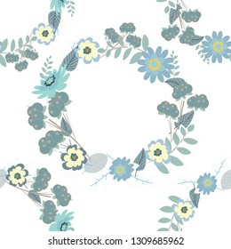 Abstract flower graphic vector botanical illustration, seamless floral pattern, doodle ink sketch in white, blue and gray colors for design greeting card, wedding invitation, cosmetic beauty.