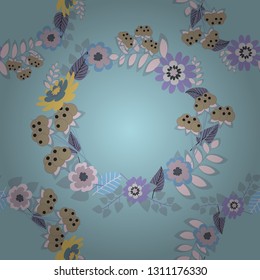 Abstract flower graphic vector botanical illustration, seamless floral pattern, doodle ink sketch in gray, blue and pink colors for design greeting card, wedding invitation, cosmetic beauty.