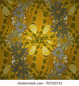 Abstract flower graphic vector botanical illustration, seamless floral pattern, doodle ink sketch in green, yellow and brown colors for design greeting card, wedding invitation, cosmetic beauty.