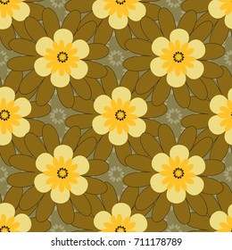 Abstract flower graphic vector botanical illustration, seamless floral pattern, doodle ink sketch in yellow and brown colors for design greeting card, wedding invitation, cosmetic beauty.