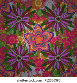 Abstract flower graphic vector botanical illustration, seamless floral pattern, doodle ink sketch in green, orange and magenta colors for design greeting card, wedding invitation, cosmetic beauty.