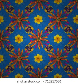 Abstract flower graphic vector botanical illustration, seamless floral pattern, doodle ink sketch in yellow, red and blue colors for design greeting card, wedding invitation, cosmetic beauty.