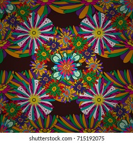 Abstract flower graphic vector botanical illustration, seamless floral pattern, doodle ink sketch in yellow, green and brown colors for design greeting card, wedding invitation, cosmetic beauty.