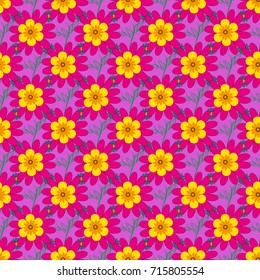 Abstract flower graphic vector botanical illustration, seamless floral pattern, doodle ink sketch in yellow, magenta and violet colors for design greeting card, wedding invitation, cosmetic beauty.