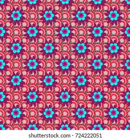 Abstract flower graphic vector botanical illustration, seamless floral pattern, doodle ink sketch in red, purple and blue colors for design greeting card, wedding invitation, cosmetic beauty.