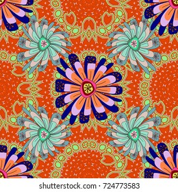 Abstract flower graphic vector botanical illustration, seamless floral pattern, doodle ink sketch in orange, blue and green colors for design greeting card, wedding invitation, cosmetic beauty.