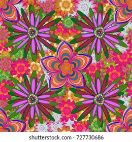 Abstract flower graphic vector botanical illustration, seamless floral pattern, doodle ink sketch in orange, magenta and green colors for design greeting card, wedding invitation, cosmetic beauty.