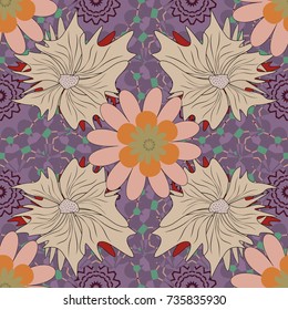 Abstract flower graphic vector botanical illustration, seamless floral pattern, doodle ink sketch in beige, neutral and purple colors for design greeting card, wedding invitation, cosmetic beauty.