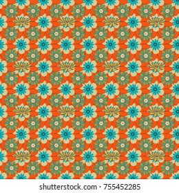Abstract flower graphic vector botanical illustration, seamless floral pattern, doodle ink sketch in orange, blue and beige colors for design greeting card, wedding invitation, cosmetic beauty.