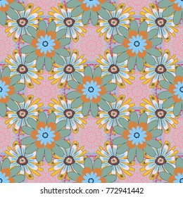 Abstract flower graphic vector botanical illustration, seamless floral pattern, doodle ink sketch in blue, pink and yellow colors for design greeting card, wedding invitation, cosmetic beauty.