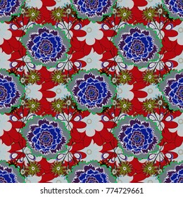 Abstract flower graphic vector botanical illustration, seamless floral pattern, doodle ink sketch in blue, gray and red colors for design greeting card, wedding invitation, cosmetic beauty.