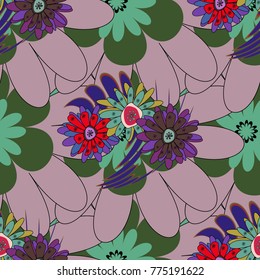 Abstract flower graphic vector botanical illustration, seamless floral pattern, doodle ink sketch in pink, green and violet colors for design greeting card, wedding invitation, cosmetic beauty.